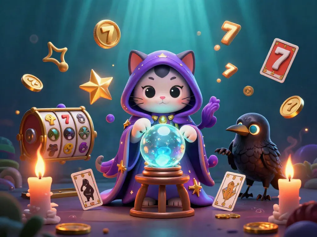 Kaasino offers mystical gaming charm with a fortune teller cat and glowing raven in a dynamic casino scene.