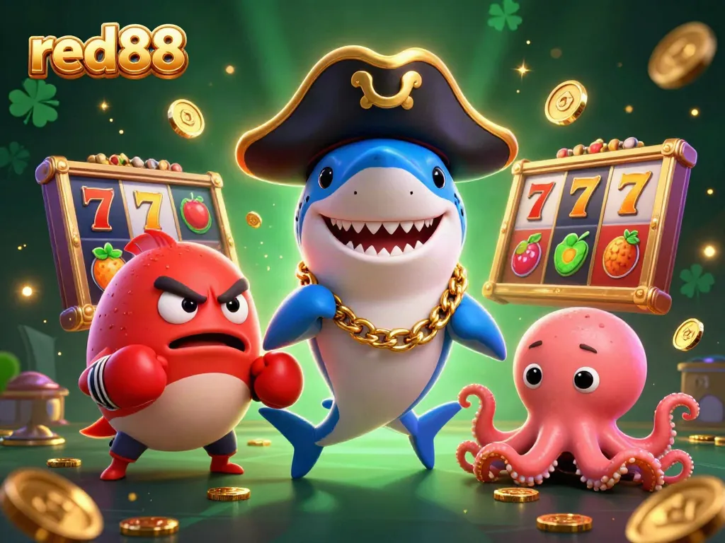 Experience thrilling wins with red88’s vibrant 3D casino scene featuring a pirate shark and charming characters.