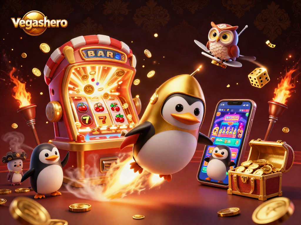 Experience VegasHero's exciting online casino adventure with a dynamic golden penguin spaceship and jackpot explosion.