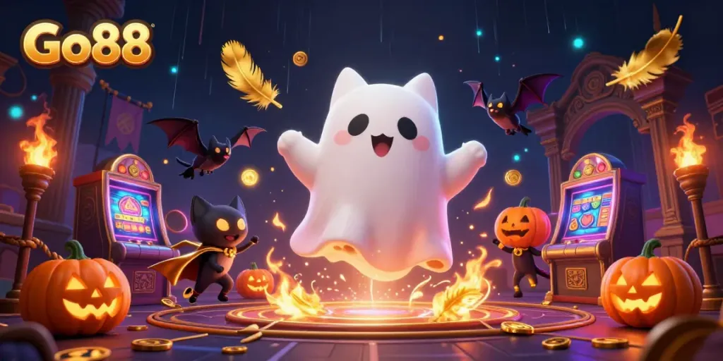 Experience the thrill of Go88 inside a haunted casino with a ghost cat and bat companion.