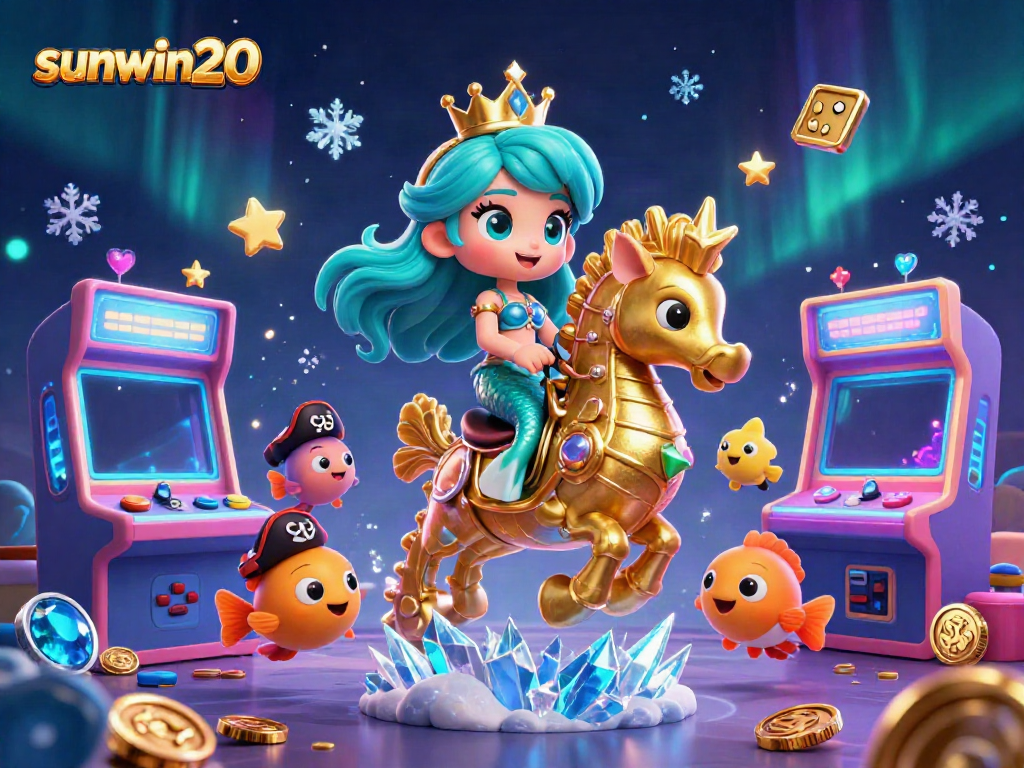 Win big with sunwin20 in this vibrant, engaging casino scene featuring a mermaid princess and gold elements.