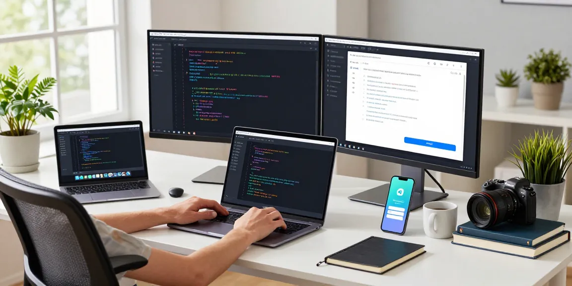 Using the Telegram Web Version in a modern workspace with dual monitors and tech gadgets.