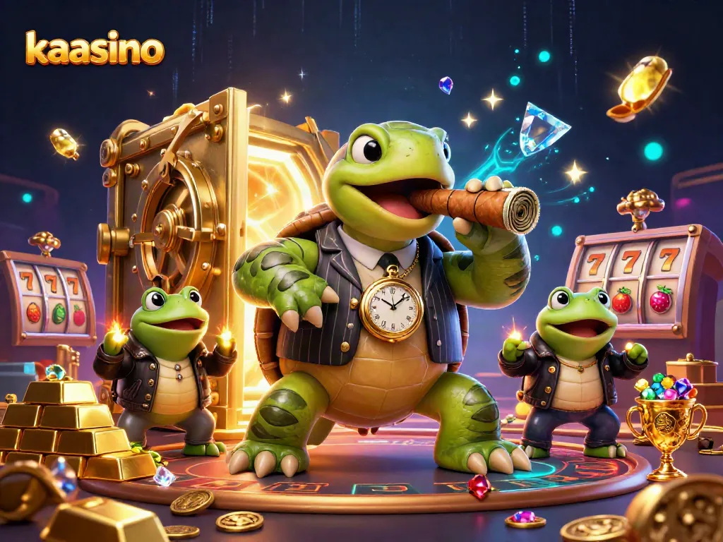 Kaasino cartoon scene featuring a snapping turtle mobster with gold, slots, and jewels illuminating a casino atmosphere.