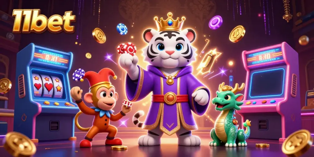 Engage with 11bet's thrilling casino experience featuring a playful tiger and monkey amidst vibrant gaming elements.