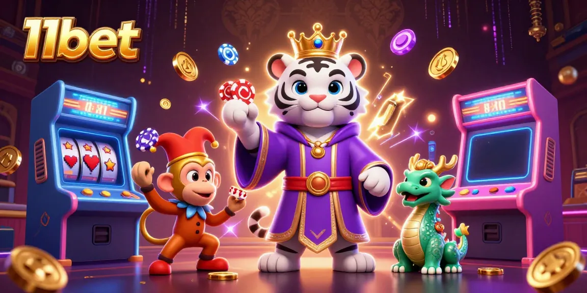 Engage with 11bet's thrilling casino experience featuring a playful tiger and monkey amidst vibrant gaming elements.