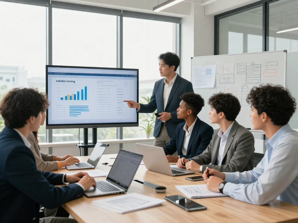 Professionals bespreken een zakelijke lening in een moderne kantooromgeving met financiële documenten.