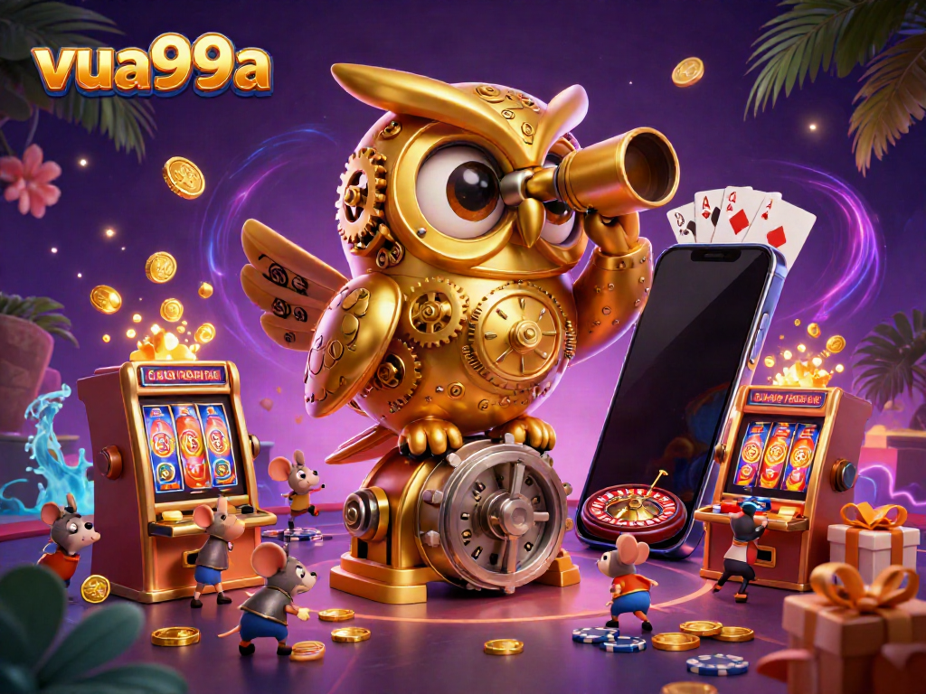 Engage in thrilling gameplay at VUA99A with a lively casino scene featuring a golden owl and slot games.