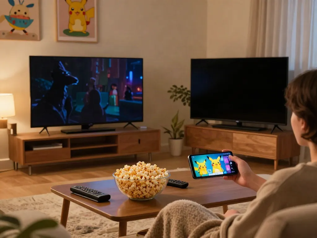 User enjoying free streaming on the Pikachu App at home, cozy setting with popcorn and relaxed atmosphere.