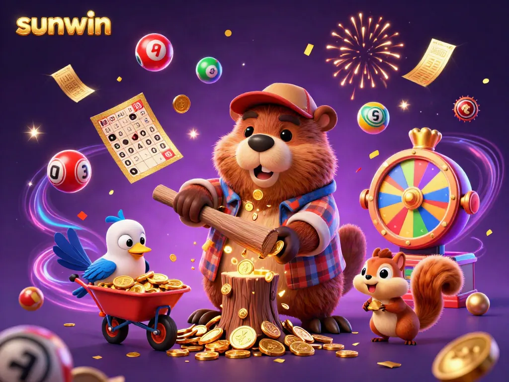 Win big with sunwin as a beaver chops a tree raining golden coins in this lively casino illustration.