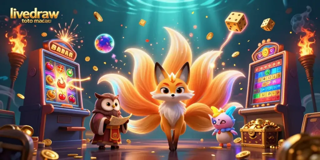 Menampilkan live draw toto macau dengan elemen ceria dari karakter fox sembilan ekor dan simbol slot modern.