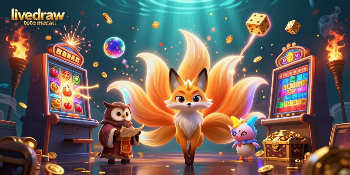 Menampilkan live draw toto macau dengan elemen ceria dari karakter fox sembilan ekor dan simbol slot modern.