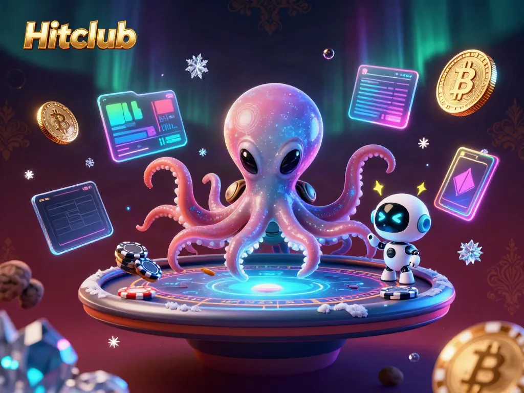 Hitclub gaming scene: an alien octopus operates a poker table while crypto coins orbit around in a vibrant space setting.