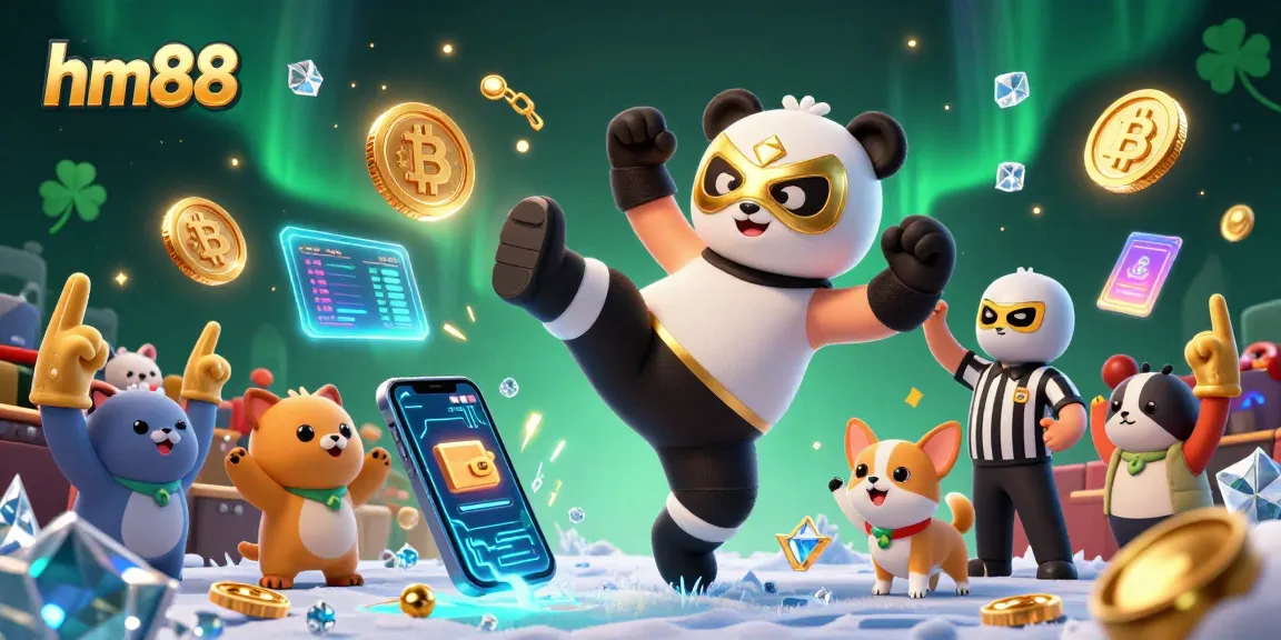 hm88 showcases a vibrant casino scene with a panda wrestler in action amidst crypto elements and excitement.