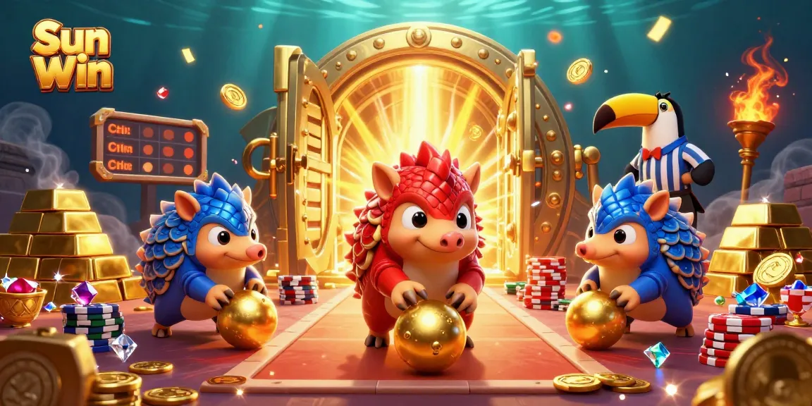 Experience the thrill of Sun Win with dynamic pangolins bowling through casino games surrounded by treasures.