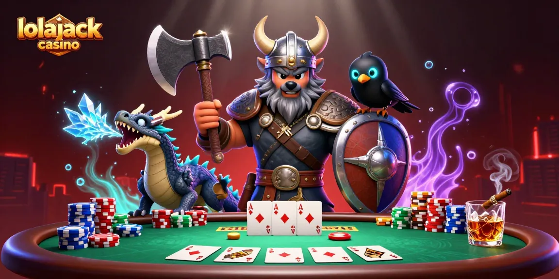 Experience thrilling action at lolajack casino with a Viking wolf warrior, dragon, and poker elements.
