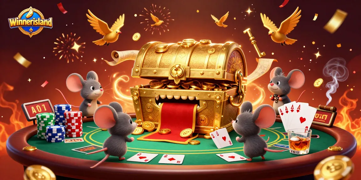 Adventurous mice explore the winnerisland casino with a treasure chest and poker elements in a vibrant setting.